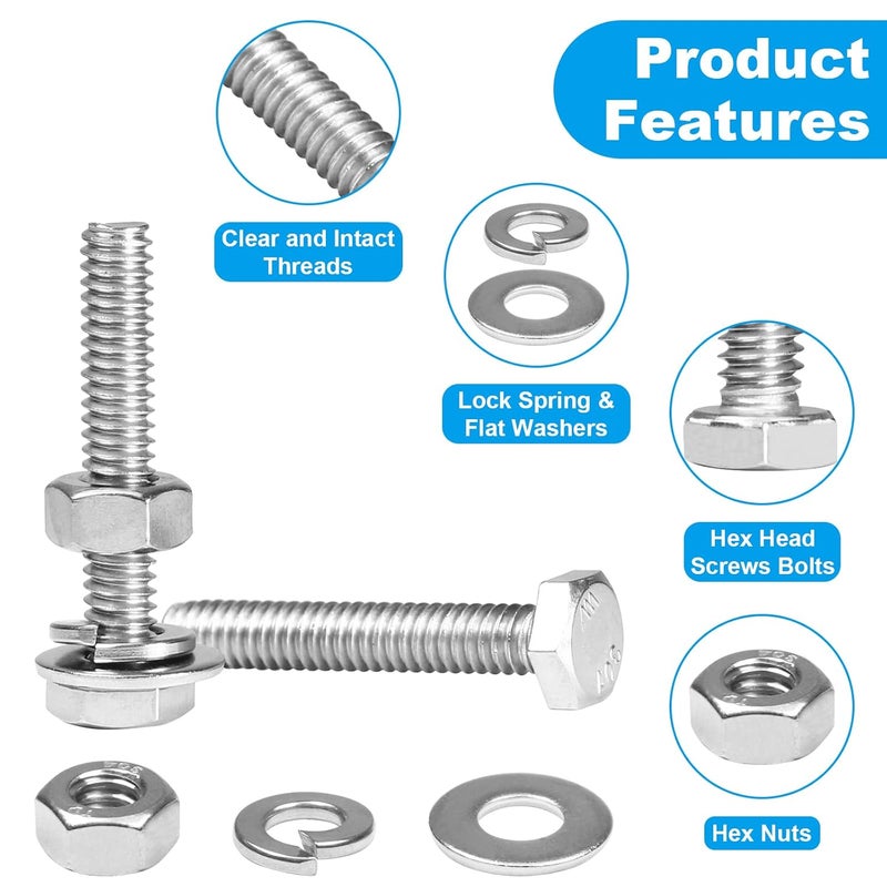 Yinpecly 5 Sets 5/16-18x5 Hex Head Screw Bolt, Nuts, Flat & Lock Washers, Stainless Steel 304, Machine Fully Thread Hex Bolts, Bright Finish Hexagon Bolt, Nuts and Bolts Assortment Kit - Image 3